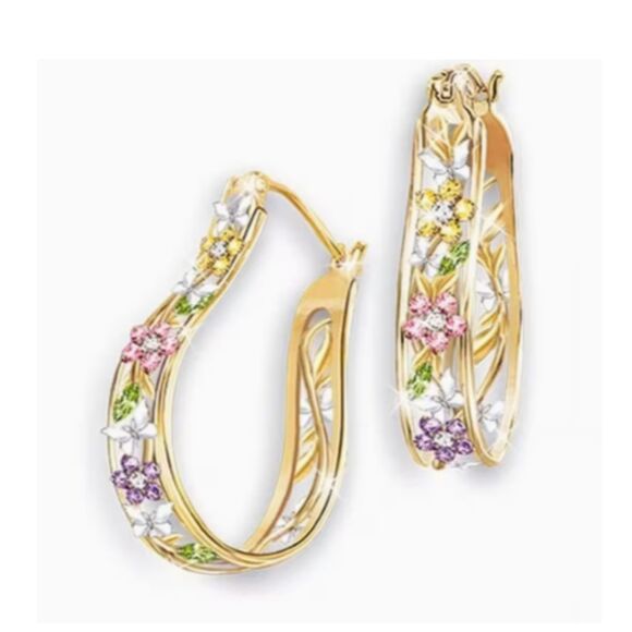 Horseshoe Shaped Gold Earrings Rhinestone Flowers Safety Hook - Picture 2 of 8